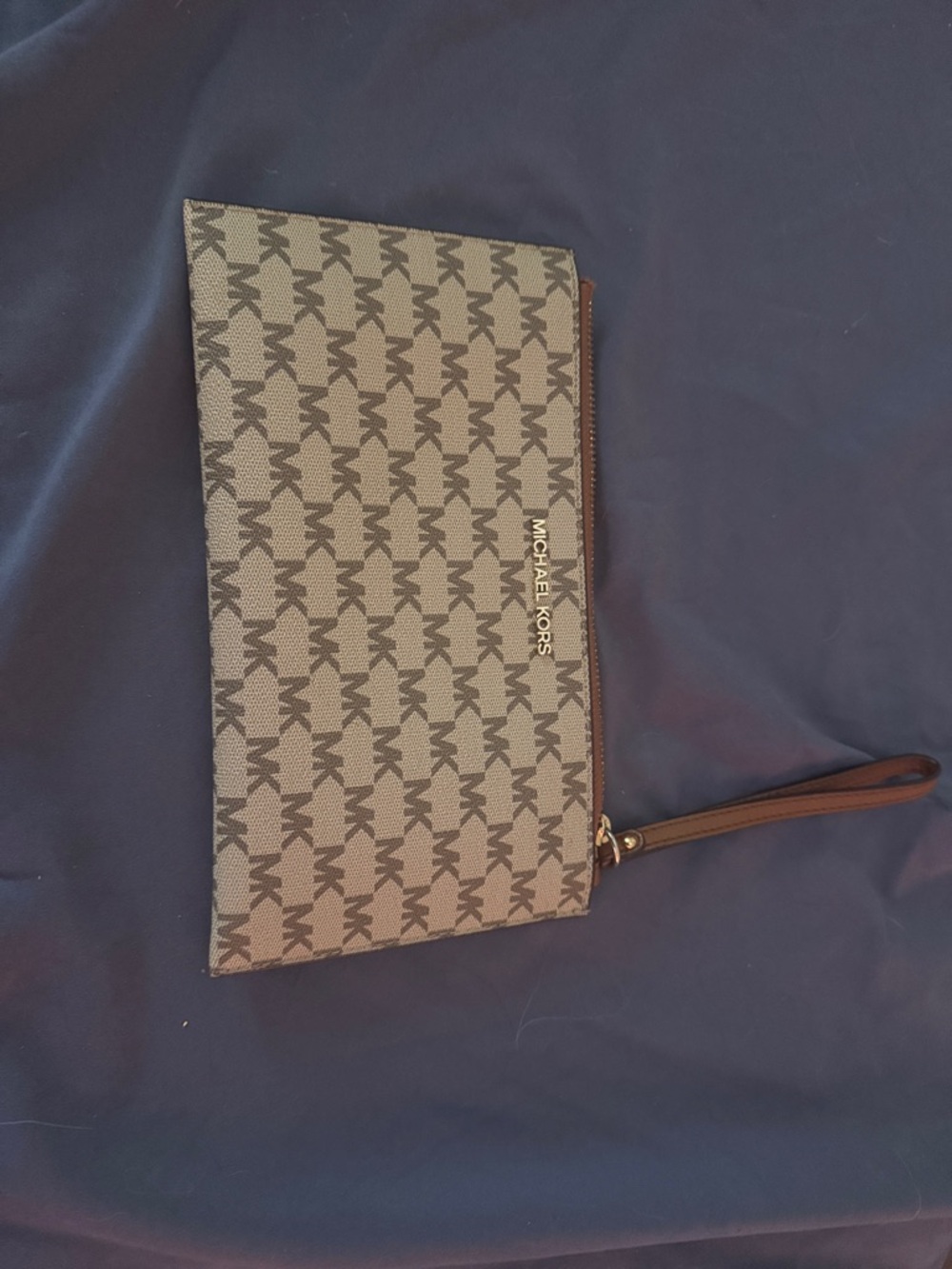 Michael Kors Brown Monogram Wristlet Clutch with Gold Hardware